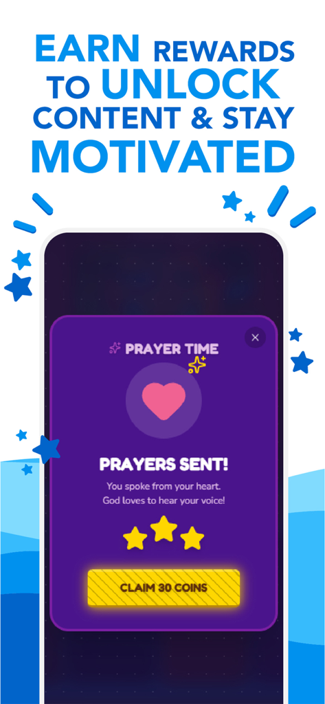 Godly Kids: Bible app for kids - Reward screen in the Godly Kids app showing coins earned after prayer time to stay motivated and unlock content.