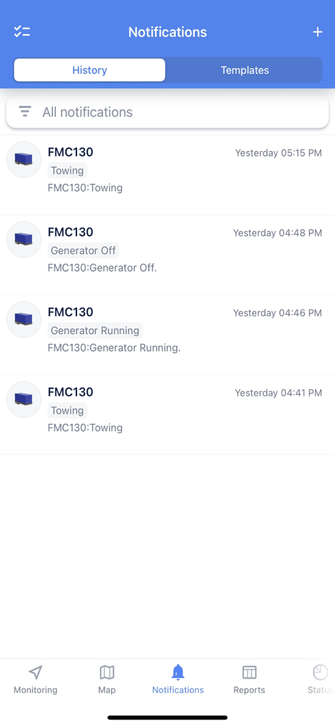 Genlink - History of generator status notifications in the Genlink app