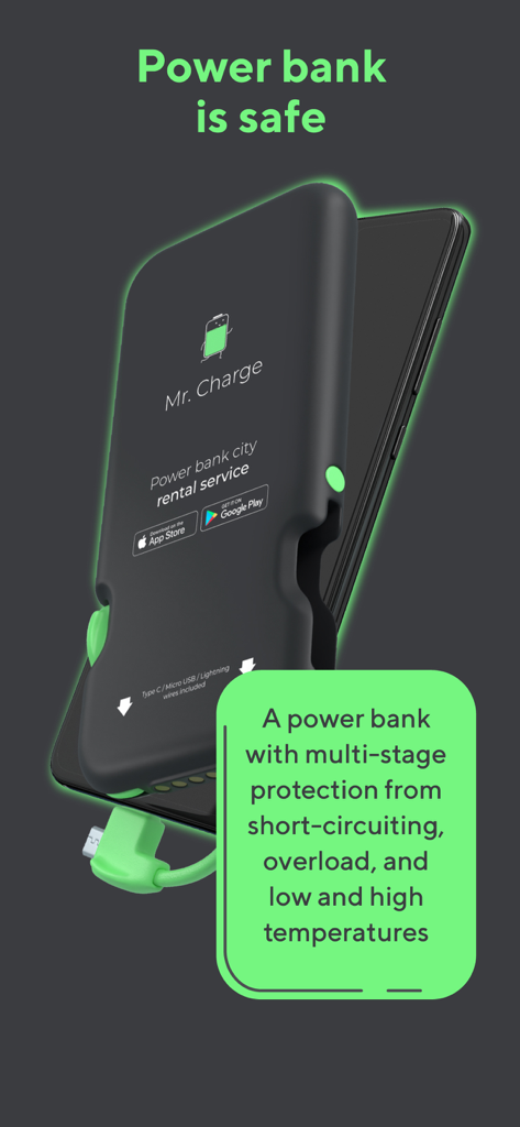 Mr. Charge - A Mr. Charge portable power bank highlighting safety features including protection from short circuits and extreme temperatures.