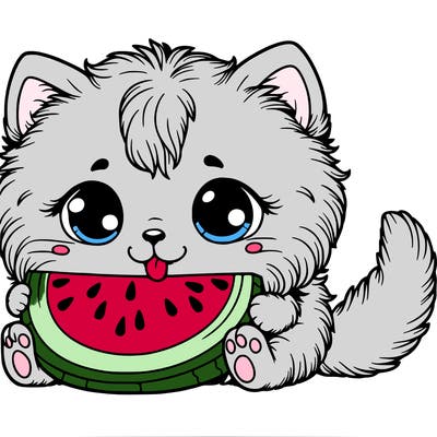 fluffy kitten eating watermelon