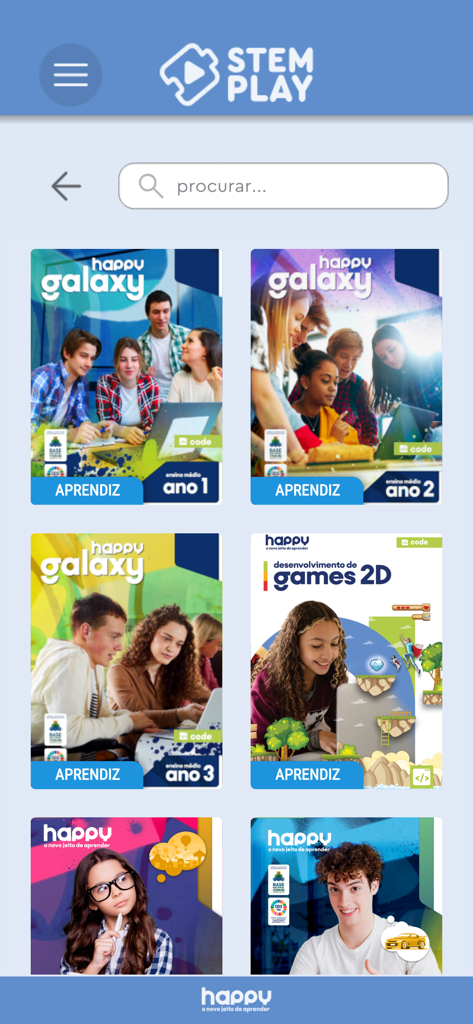 STEM Play - Letramento Digital - Interface da biblioteca de cursos do aplicativo STEM Play exibindo uma grade de cursos educacionais para codificação e desenvolvimento de jogos 2D