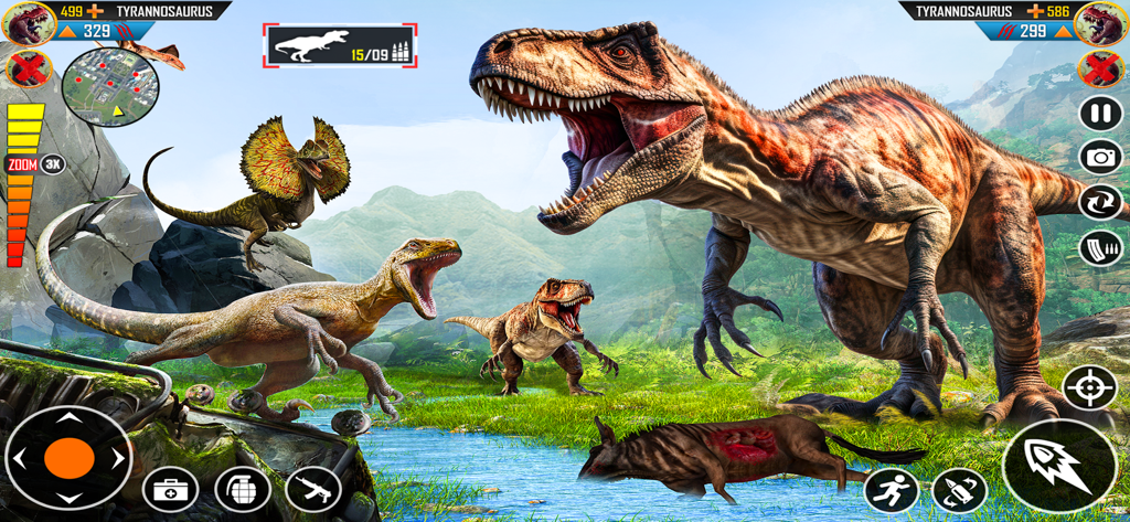 Dino Family Adventure Game - Gameplay screenshot of Dino Family Adventure Game showing a T-Rex and several raptors in a prehistoric valley environment with game UI