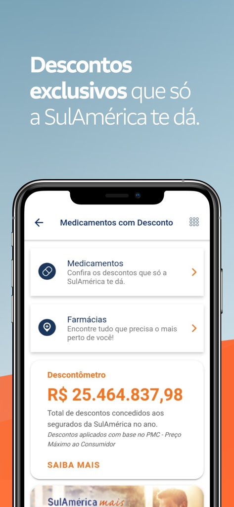 SulAmérica Odonto app interface displaying medicine discounts and pharmacy locator options