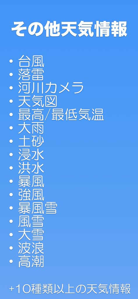 雨雲レーダー+ - A list of detailed weather information categories in Japanese including typhoon lightning and flood warnings