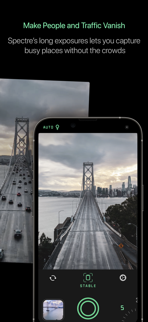Spectre Camera - Side-by-side comparison of a bridge with and without traffic using Spectre Camera's long exposure feature.