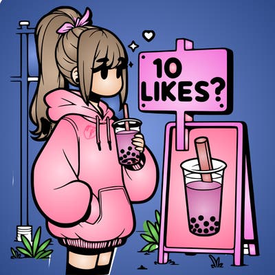 girl with oversized hoodie drinking boba and she has a high ponytail with a sign that says 10likes?