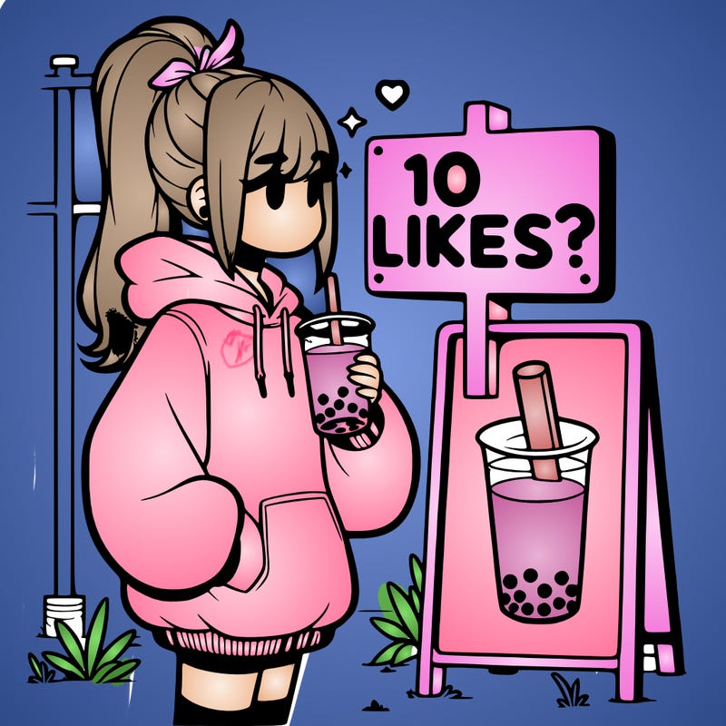 girl with oversized hoodie drinking boba and she has a high ponytail with a sign that says 10likes?
