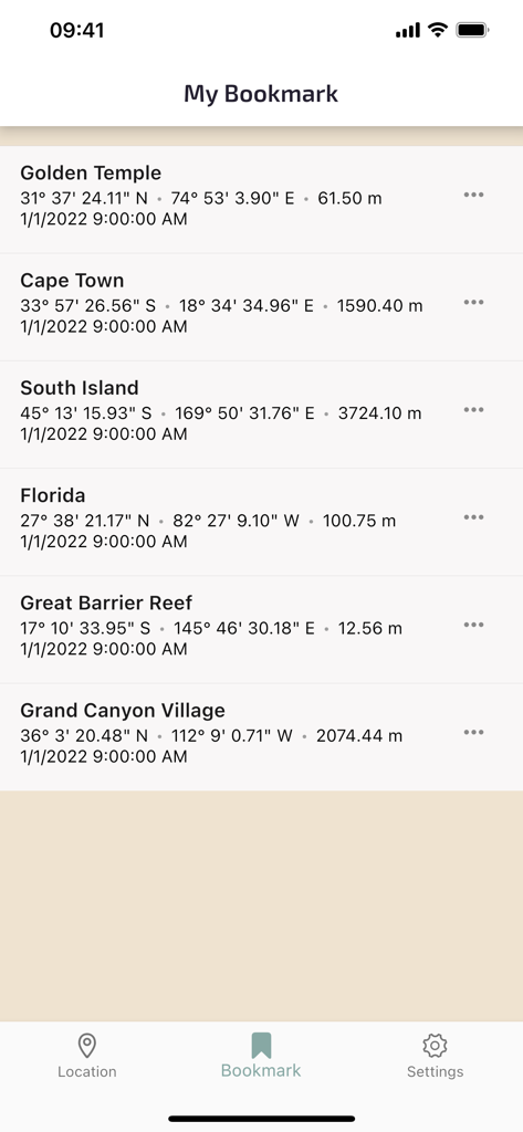 Find My GPS Coordinates - GPS 앱의 북마크 섹션에서 이름, 좌표 및 고도를 보여주는 저장된 위치 목록