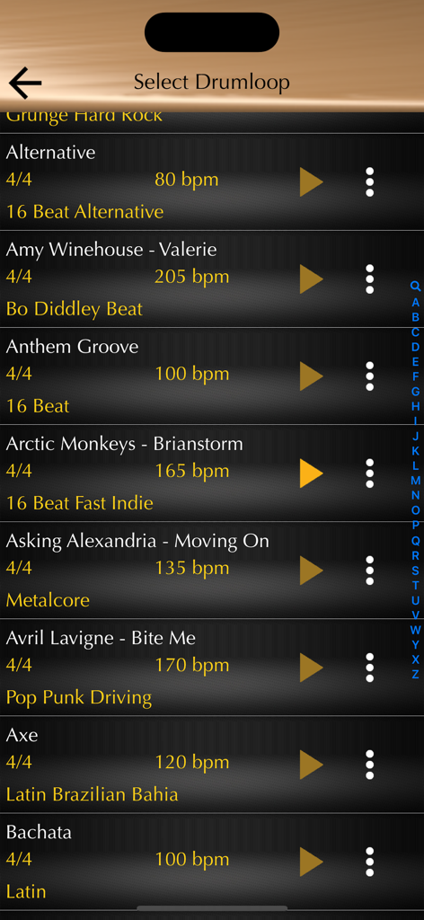 Selection list of drum loops with various artists genres and BPM settings