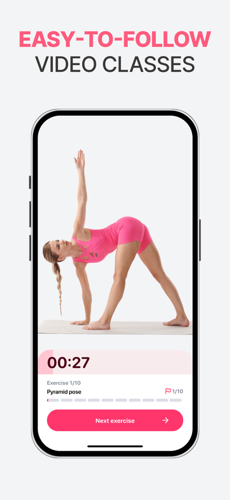Smartphone screen displaying a Fitny app stretching video class featuring a woman performing a pyramid pose.