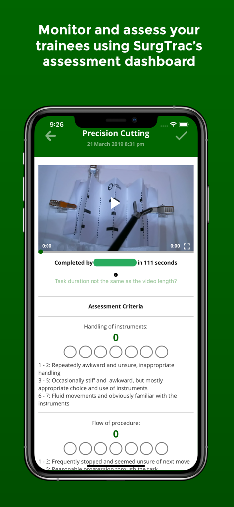 SurgTrac mobile assessment dashboard showing surgical task evaluation and scoring criteria