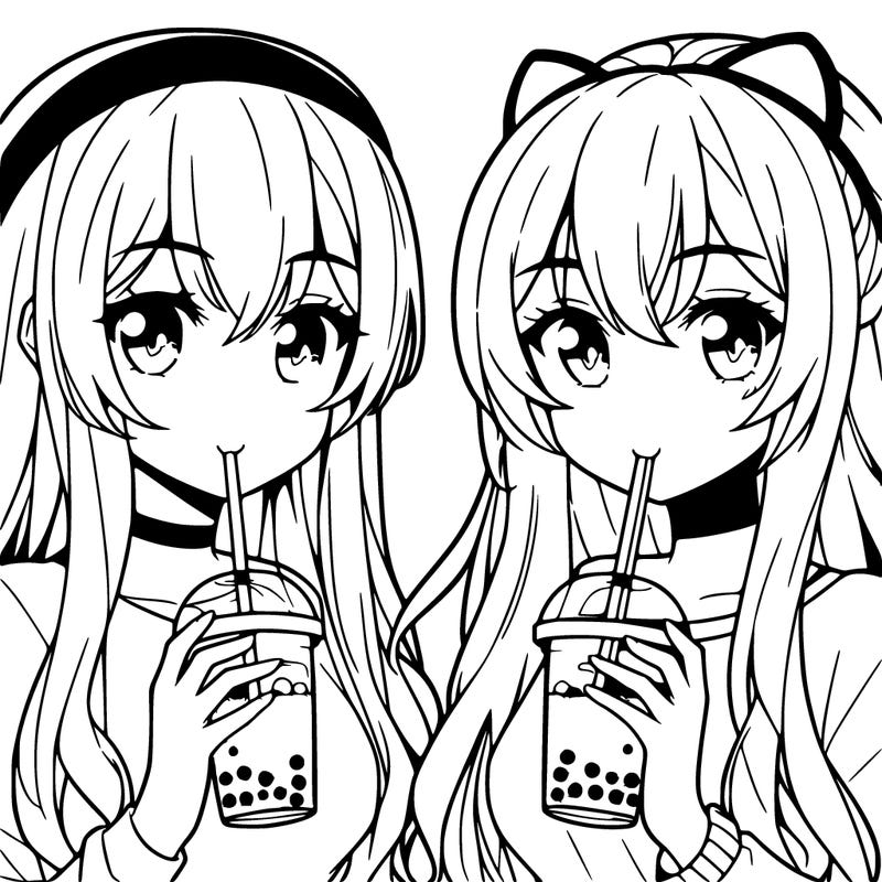 two anime girls with long hair drinking boba