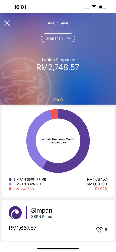 Pantalla de la aplicación móvil myPTPTN que muestra un resumen de la cuenta de ahorros con el saldo total y el desglose de los ahorros de SSPN