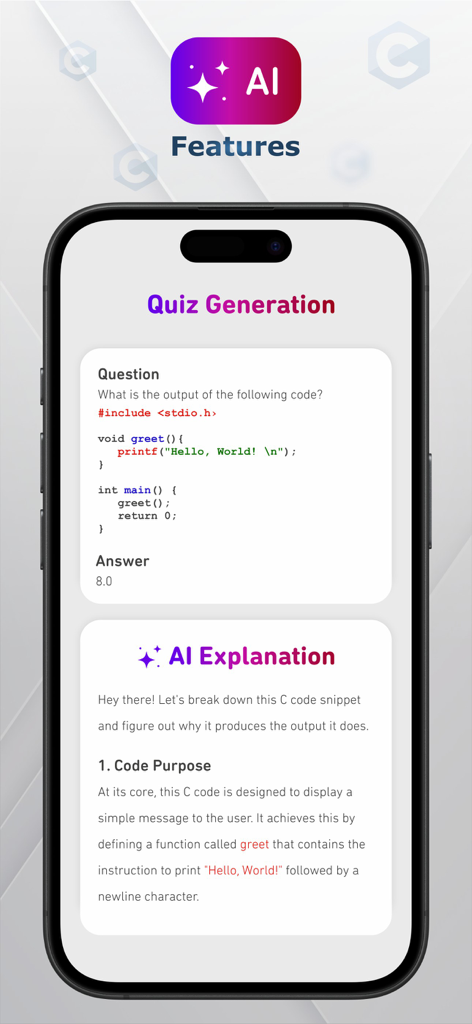 C, C++, C# Quiz - A mobile screen showing an AI generated quiz question and code explanation for C programming