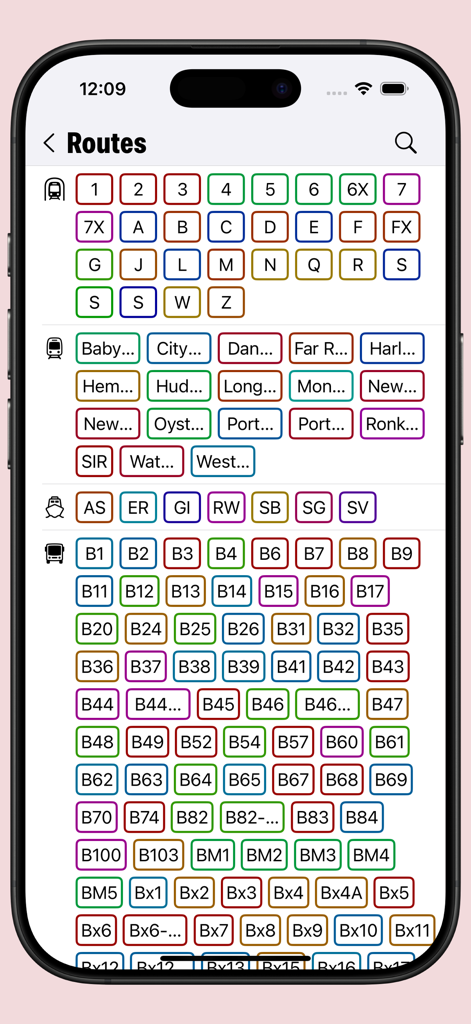 Transit: offline schedules - Mobile app interface showing categorized public transport routes including subway lines and bus routes for offline access