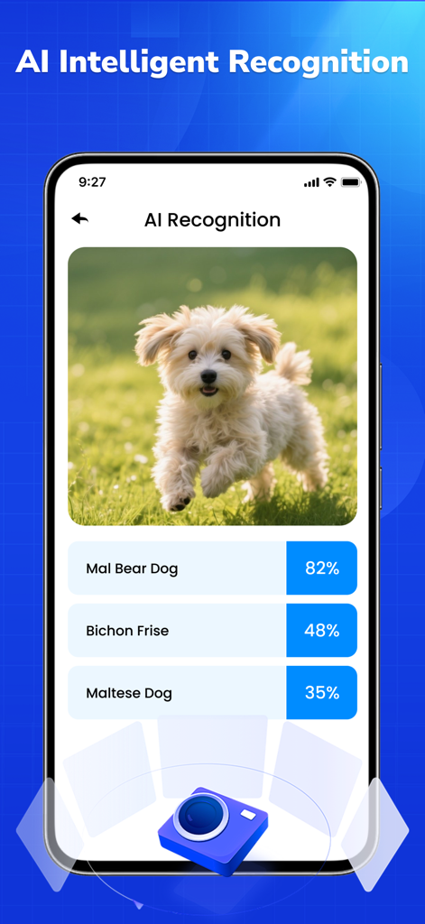 AI recognition interface showing the identification of a small white dog with breed probability percentages.