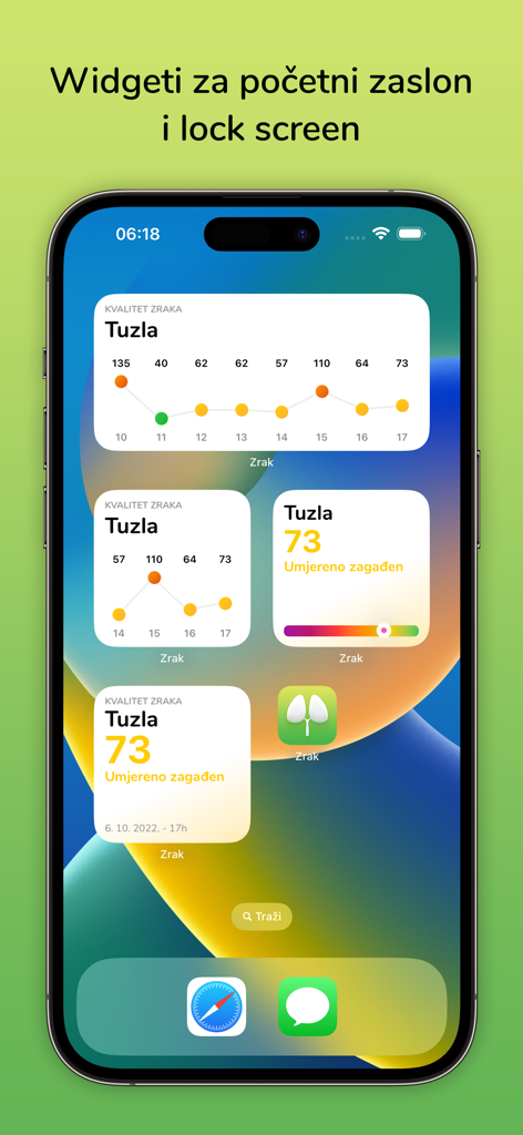 Zrak - Tela de início do iPhone mostrando vários widgets de qualidade do ar para a cidade de Tuzla