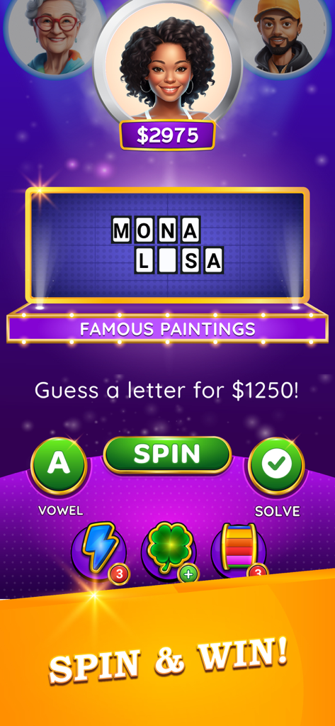Fortune Words – Lucky Spin - Tela de jogabilidade de Fortune Words mostrando um quebra-cabeça de palavras para a Mona Lisa com opções de girar e resolver