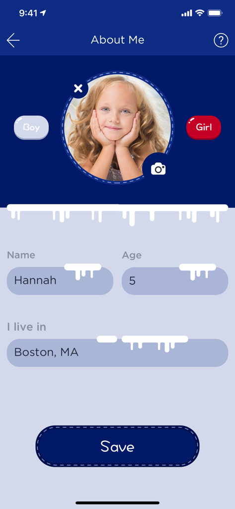 Santa Tracker app about me screen for child profile personalization with name age and location