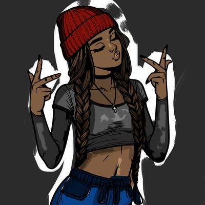 realistic teenage girl with braids and a beanie and crop top doing 🫶🏼