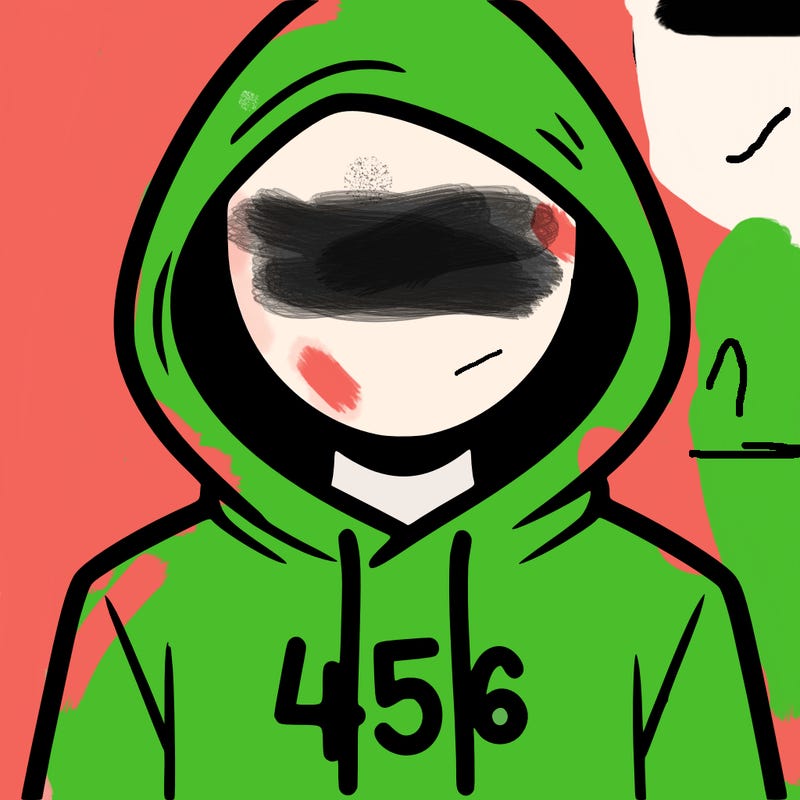 a person with non face waering a hoodie with a 456 symbol