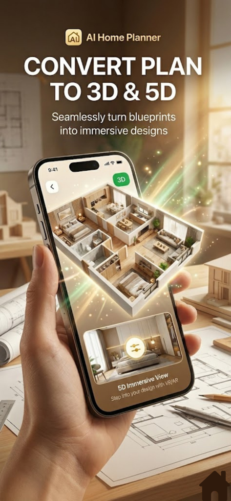 Room Planner AI Home Design - A smartphone screen showing a detailed 3D apartment floor plan generated from a blueprint