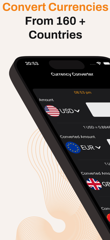 Currency Converter & Money! - Smartphone screen showing currency conversion rates for USD EUR and GBP with a text overlay mentioning over 160 countries.
