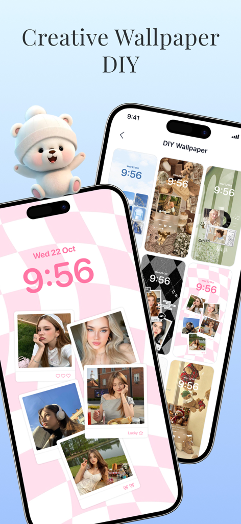 Wallpapers, Widget & Theme App - Two iPhones displaying a DIY wallpaper customization interface with pink checkered themes and photo polaroids.