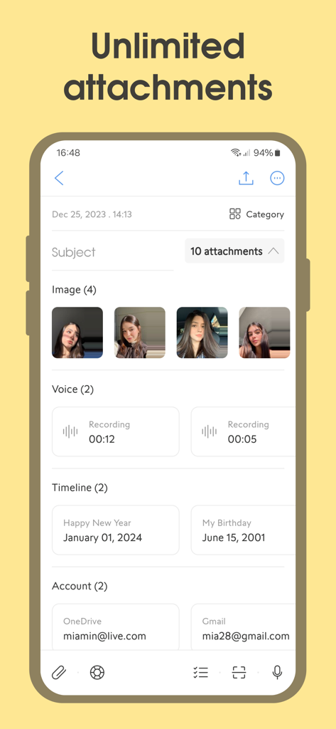 Open Note - Ghi Chú Nhanh - Open Note mobile app interface displaying various attachments including photos voice recordings dates and accounts