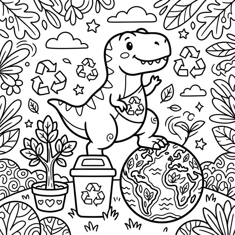 Join a friendly juvenile T-Rex in a special Earth Day celebration, surrounded by symbols of recycling and nature. This adorable coloring page encourages creativity while highlighting the importance of protecting our planet.