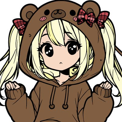 cute anime girl with ponytails and a cute bear hoodie