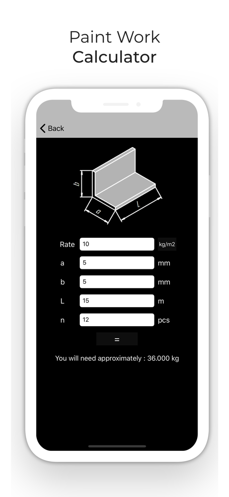 Metal Steel Paint calculator - Interface du calculateur de Peinture pour Métal Acier montrant l'estimation de quantité pour une poutre en acier en forme de L.