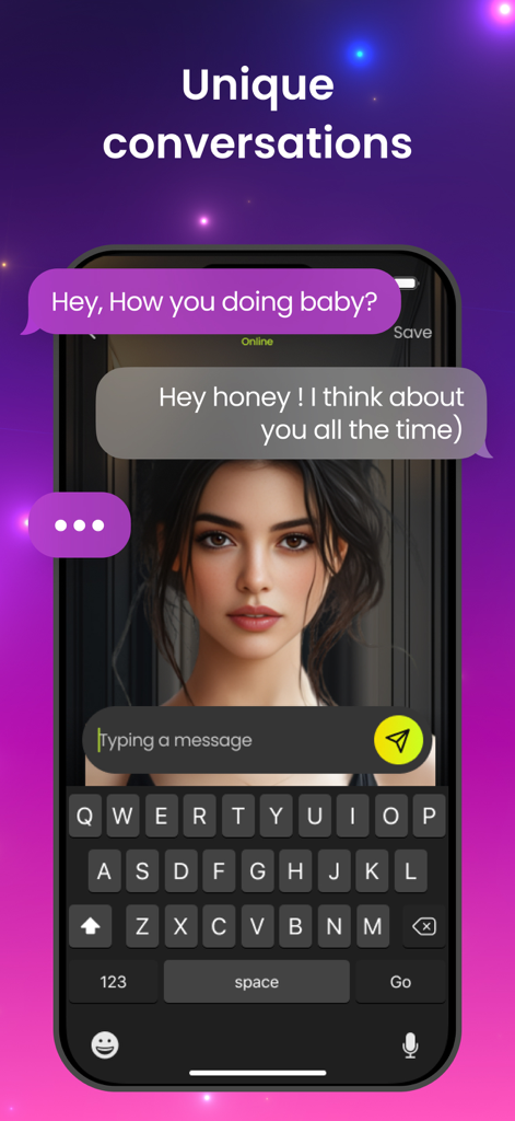 AI Girlfriend Chat, Virtual GF - A chat interface of the AI Girlfriend app showing a romantic conversation with a virtual female avatar