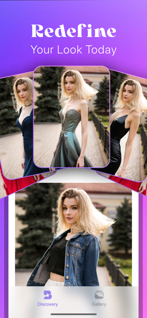 AI Photo Generator: Boopix - A woman shown in different virtual outfits including elegant gowns and a denim jacket within the Boopix app interface.