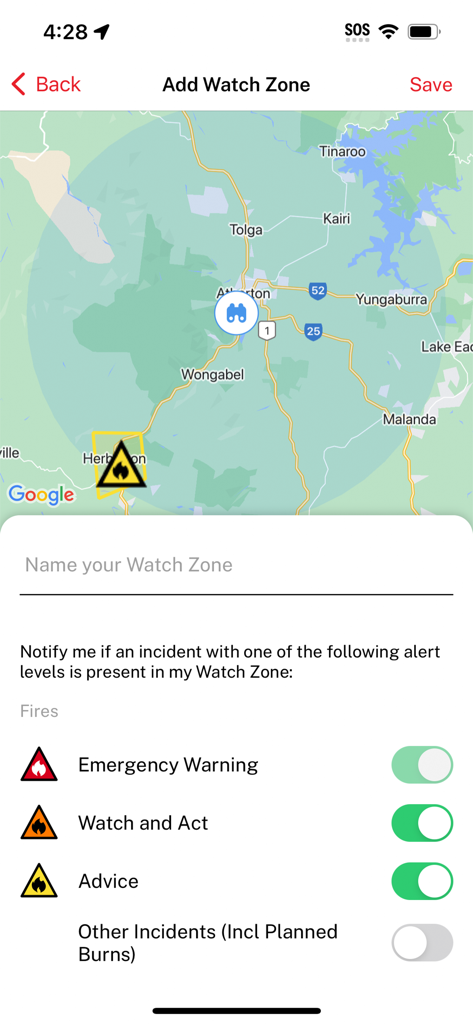 Fires Near Me Australia - Setup screen for a custom Watch Zone in the Fires Near Me Australia app showing map and alert preferences