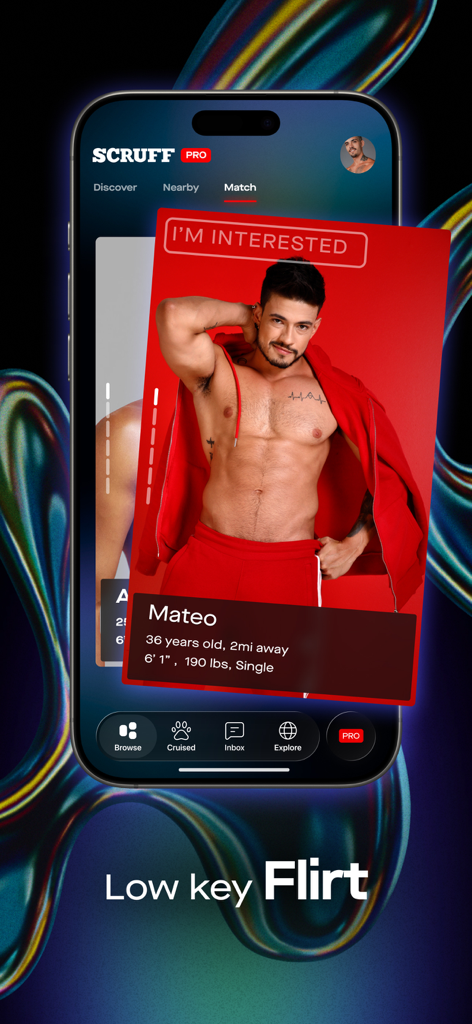 SCRUFF gay dating app Match screen featuring a male profile card and the slogan Low key Flirt