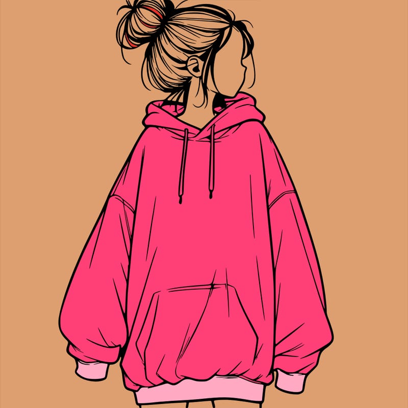 realistic girl with a oversized sweatshirt on and a bun