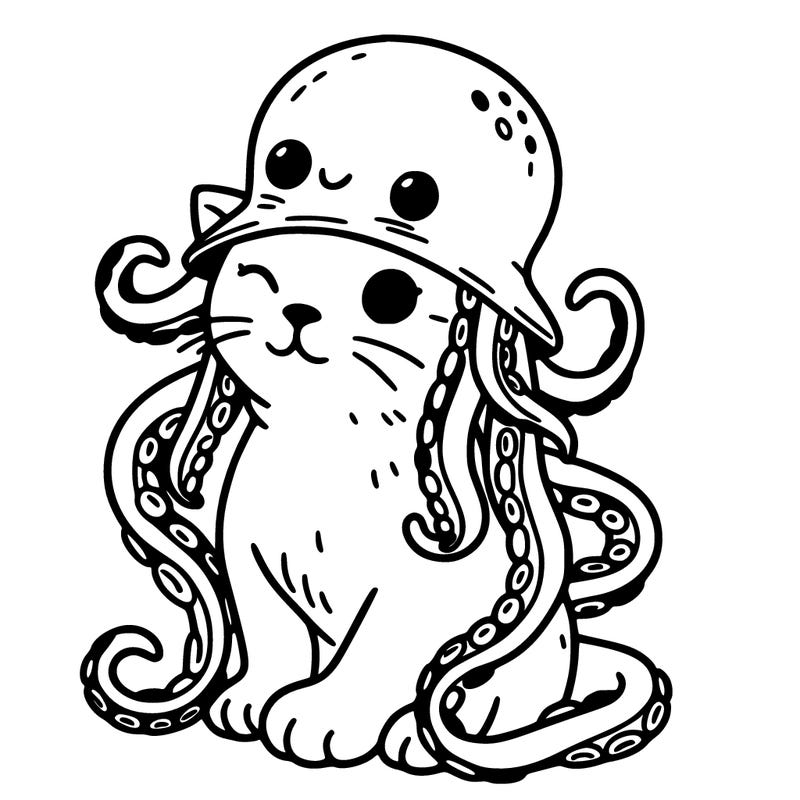 cat sitting down wearing an octopus hat with the octopus tentacles falling on the side of it’s body