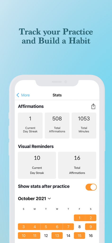 ThinkUp-Daily Affirmations app - ThinkUp app statistics screen showing affirmation streaks and a monthly habit tracking calendar