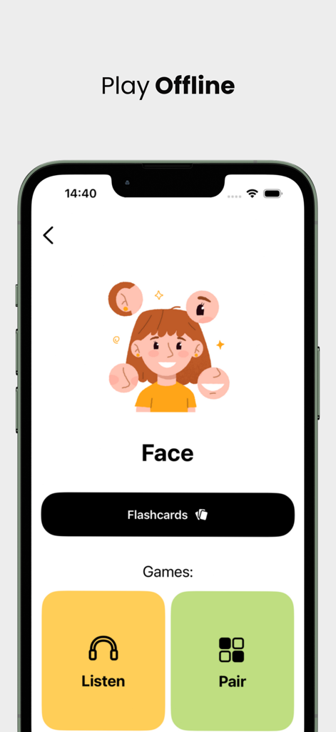 FunCards- first English words! - Interface do aplicativo FunCards mostrando a categoria de vocabulário facial com opções de flashcards e minijogos offline.
