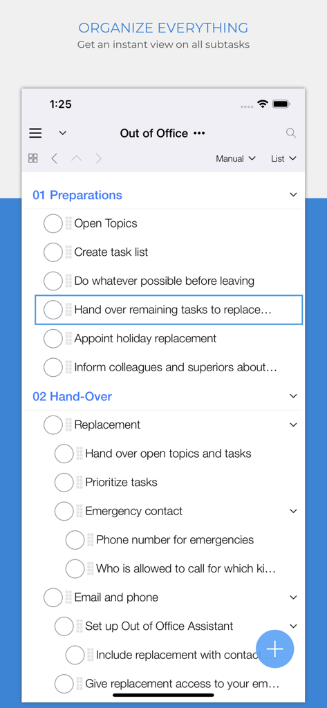 Organize:Me To-Do'sアプリのインターフェースが、「外出中」プロジェクトリスト内のネストされたサブタスクを表示しています。