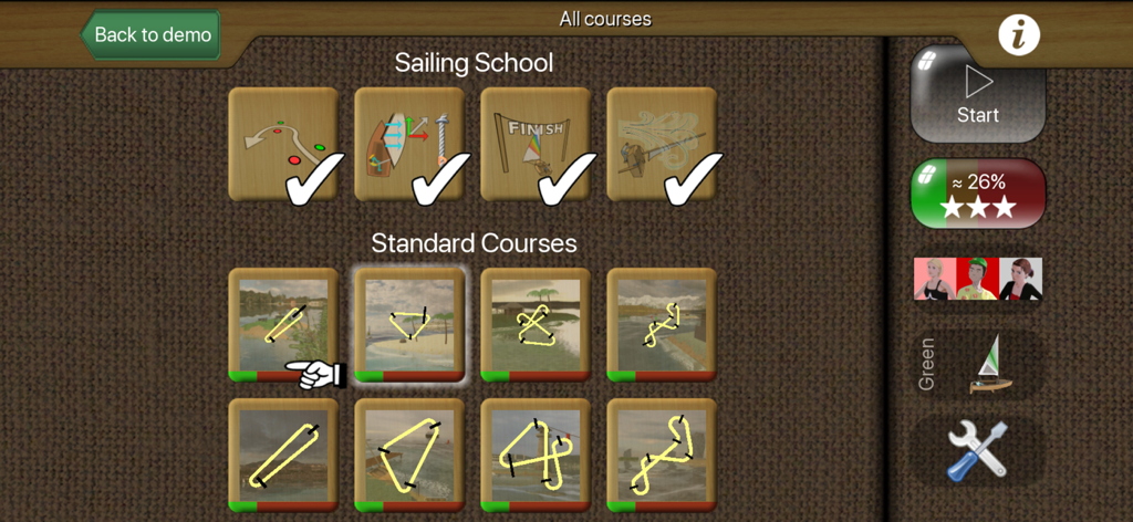 Pantalla de selección de cursos para la aplicación Top Sailor con lecciones de escuela de vela y recorridos estándar.