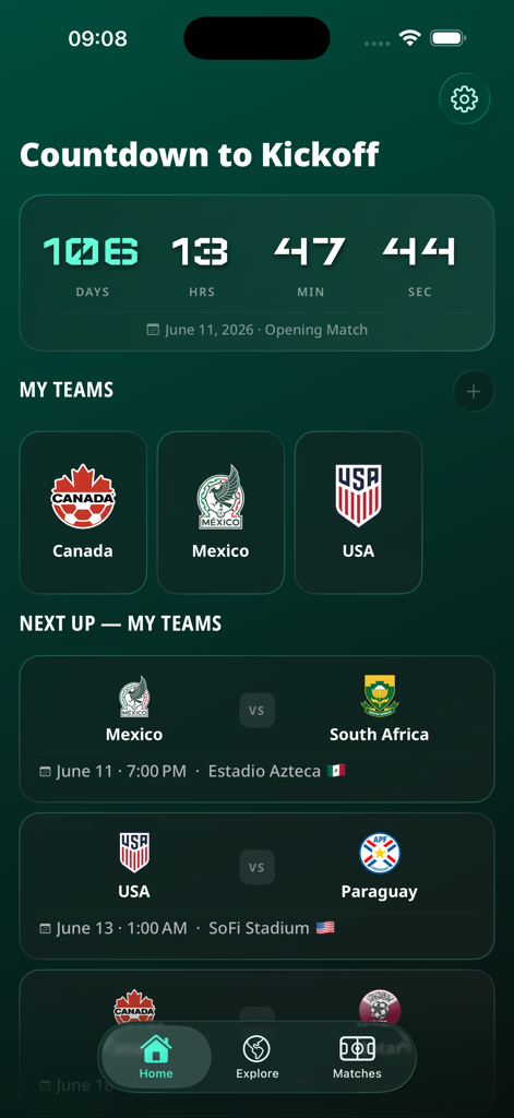 Trivela - Cup Guide 2026 - 트리벨라 컵 가이드 2026 홈 화면. 경기 시작 카운트다운과 미국, 멕시코 등 좋아하는 팀의 예정된 경기가 표시됩니다.