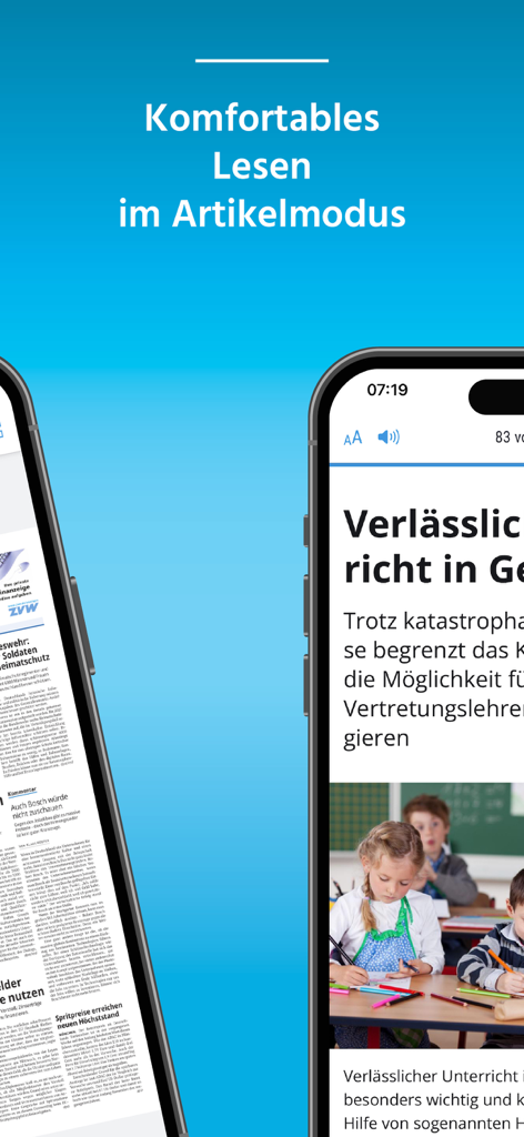 ZVW ePAPER - Digitale Zeitungsoberfläche der ZVW ePAPER Mobile App, die den komfortablen Artikel-Lesemodus zeigt.