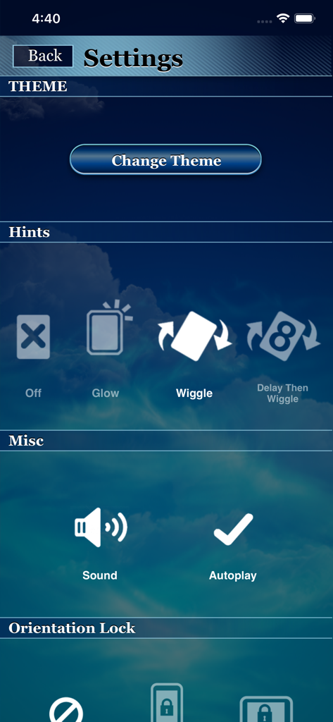 Eric's Spider Solitaire Lite - Menu de configurações de Eric's Spider Solitaire Lite mostrando opções de tema, dicas, som e bloqueio de orientação.