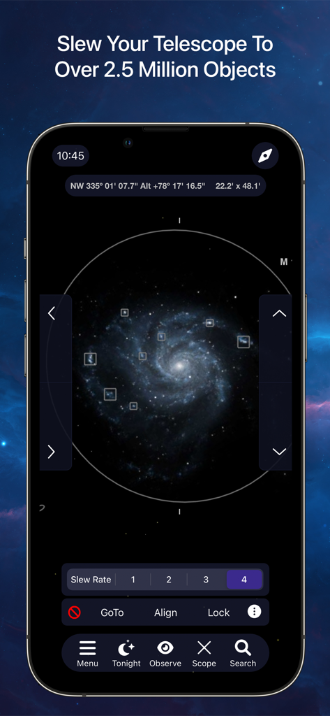 SkySafari 7 Plus app interface showing a spiral galaxy with telescope slewing and control buttons