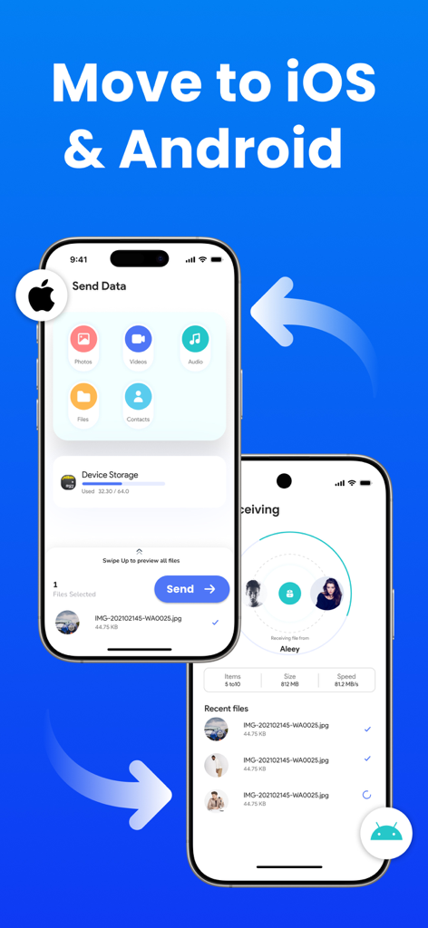 Smart Switch Phone Transfer - Interfaz de la aplicación Smart Switch mostrando la transferencia de datos entre un iPhone y un smartphone Android