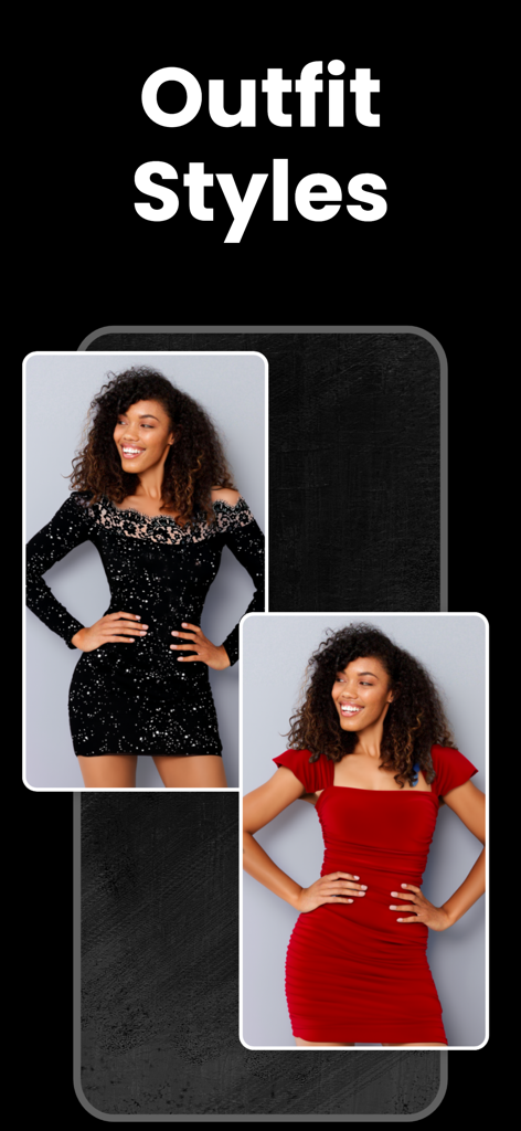 AI Clothes Changer - AI Outfit - Uma exibição de diferentes estilos de looks mostrando uma modelo em um vestido de lantejoulas preto e um vestido vermelho.