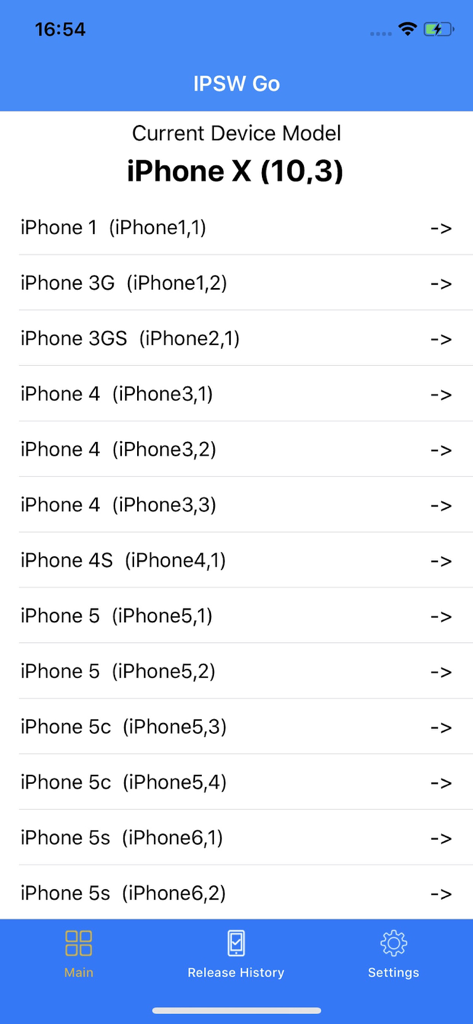IPSW Go - Pantalla de la aplicación IPSW Go mostrando una lista de modelos de iPhone y sus identificadores de dispositivo