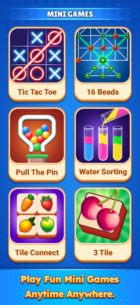 Selection menu of casual mini games within Ludo Buzz including Tic Tac Toe Water Sorting and Tile Connect